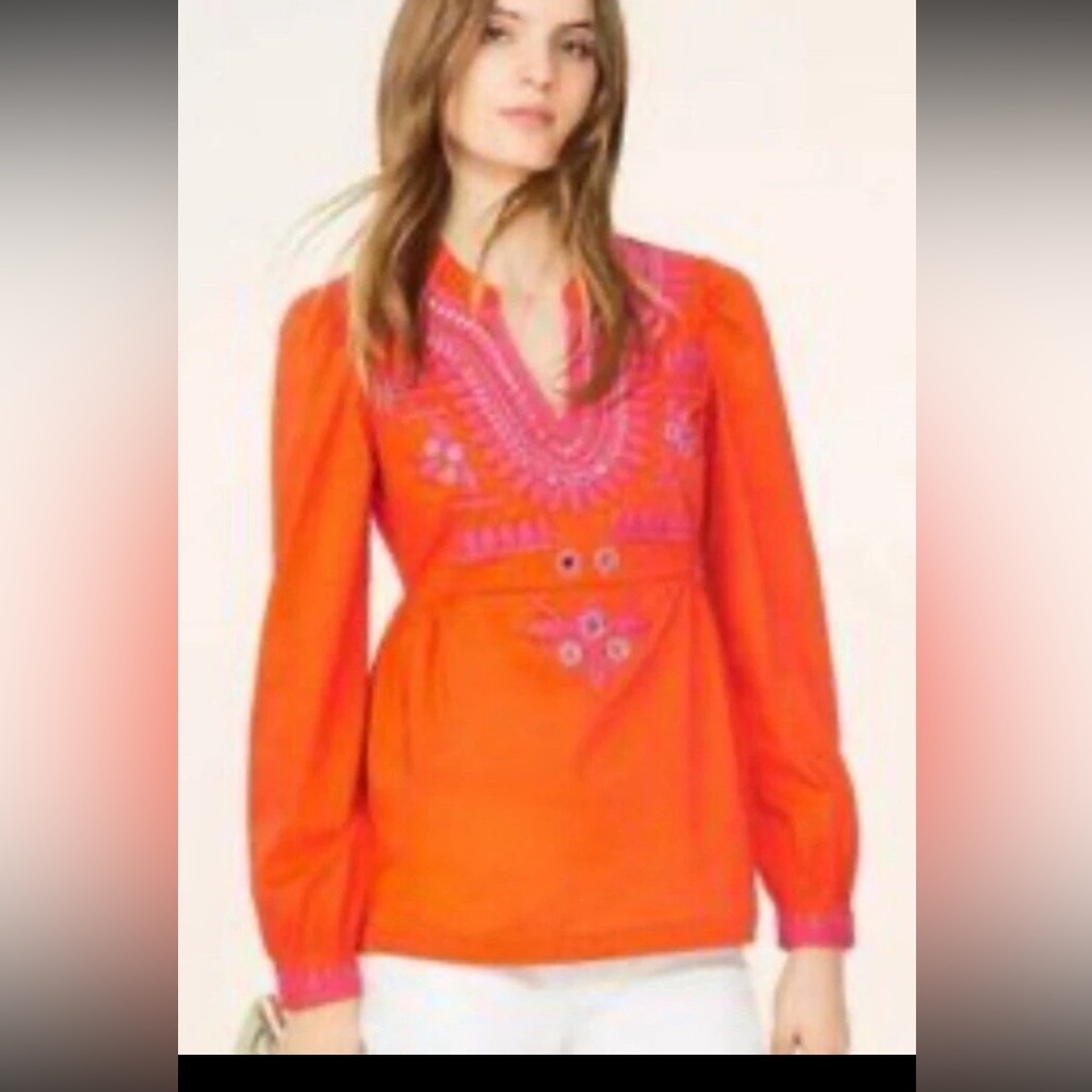 Tory Burch 4 Claudia Orange Pink Embroidered Embellished Tunic Blouse BIn-U